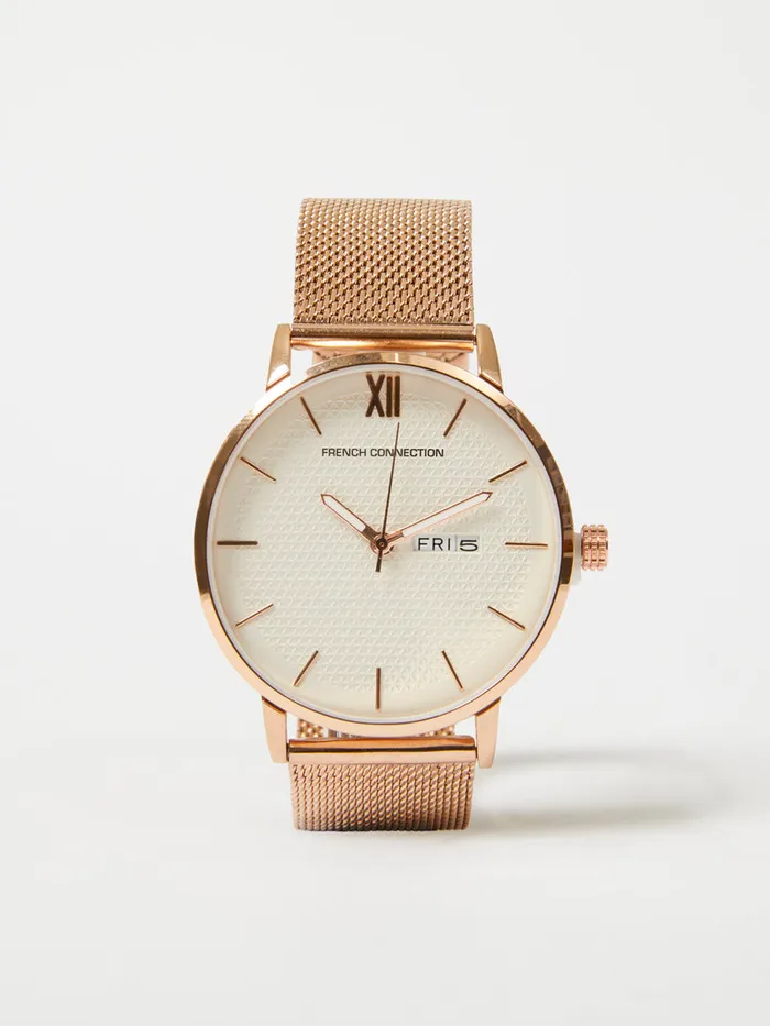 WomanMan Jewellery French Connection Rose Gold Tone Mesh Bracelet Watch With White Dial Rose Gold WomanMan Jewellery French Connection Rose Gold Tone Mesh Bracelet Watch With White Dial Rose Gold