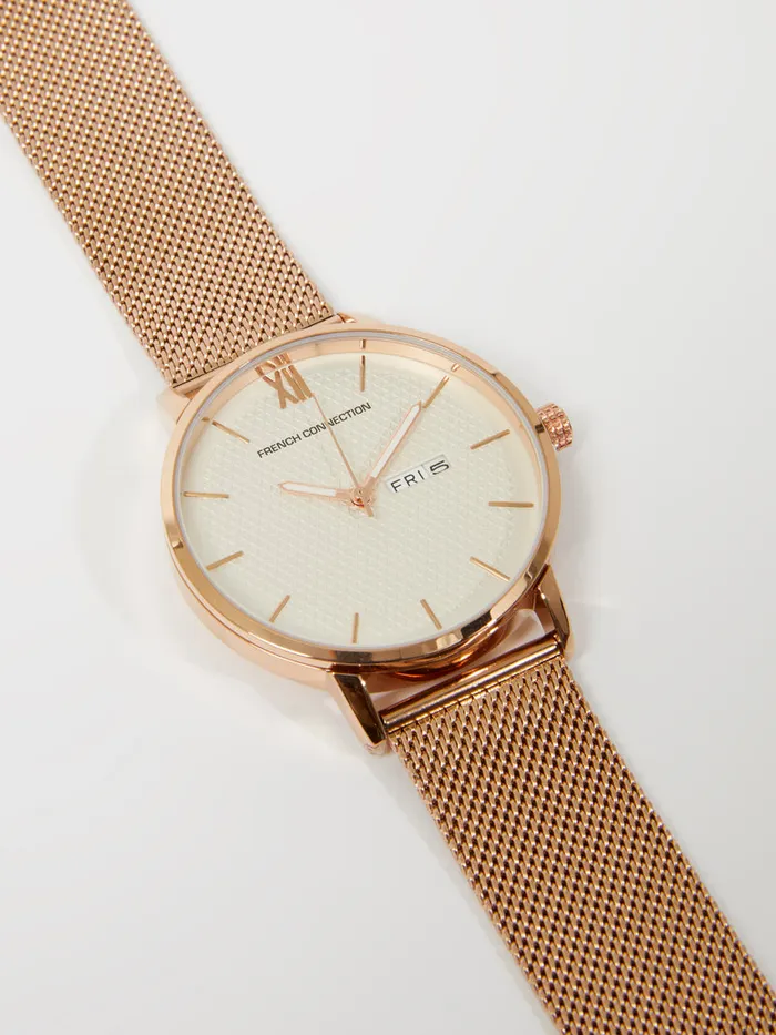 WomanMan Jewellery French Connection Rose Gold Tone Mesh Bracelet Watch With White Dial Rose Gold WomanMan Jewellery French Connection Rose Gold Tone Mesh Bracelet Watch With White Dial Rose Gold