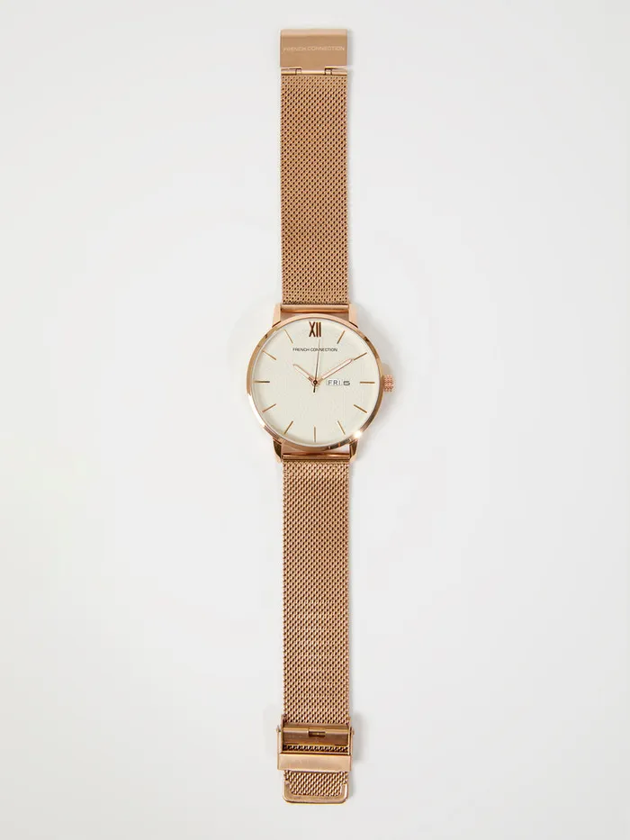 WomanMan Jewellery French Connection Rose Gold Tone Mesh Bracelet Watch With White Dial Rose Gold WomanMan Jewellery French Connection Rose Gold Tone Mesh Bracelet Watch With White Dial Rose Gold