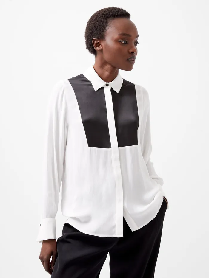 Woman Shirts French Connection Chiara Drape Satin Contrast Long Sleeve Shirt Linen Whiteblackout Woman Shirts French Connection Chiara Drape Satin Contrast Long Sleeve Shirt Linen Whiteblackout