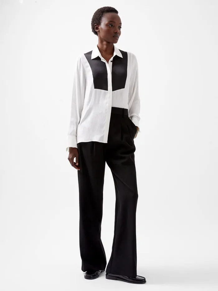 Woman Shirts French Connection Chiara Drape Satin Contrast Long Sleeve Shirt Linen Whiteblackout