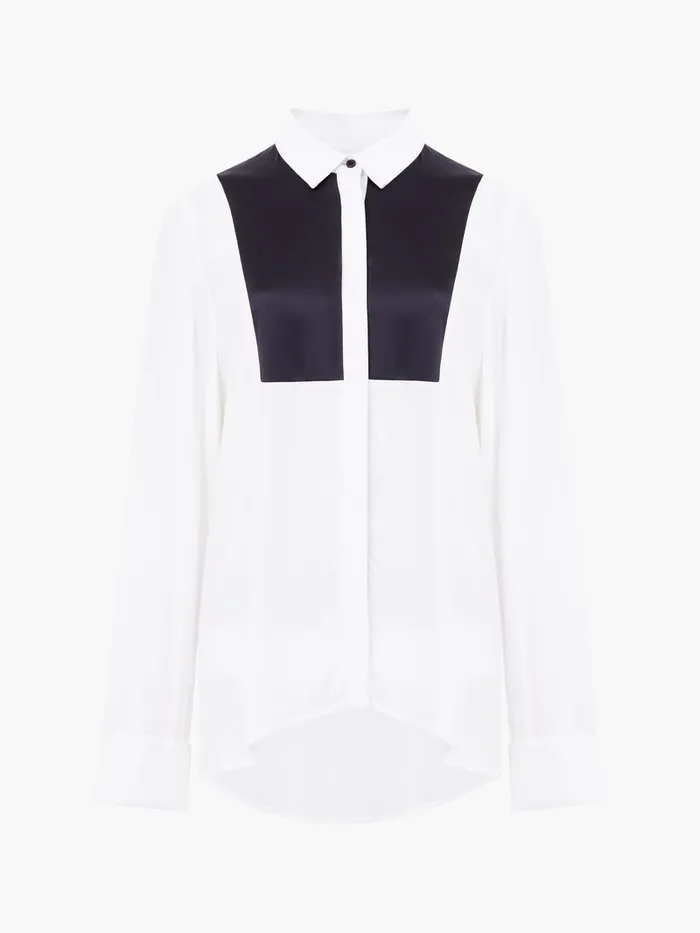 Woman Shirts French Connection Chiara Drape Satin Contrast Long Sleeve Shirt Linen Whiteblackout