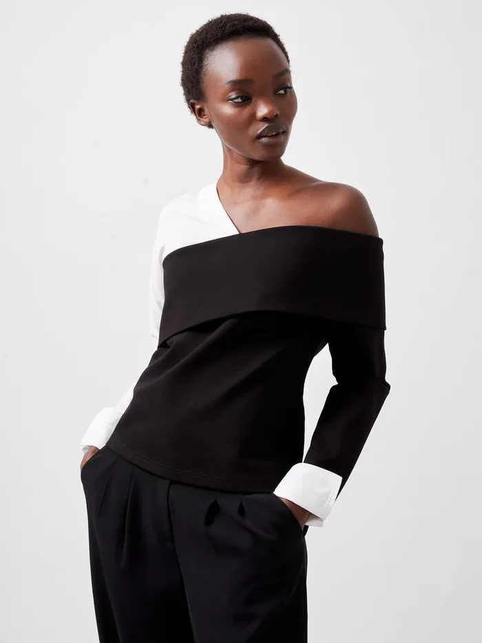Woman Shirts French Connection Xia Ponte Poplin Mix Long Sleeve Top Blackout
