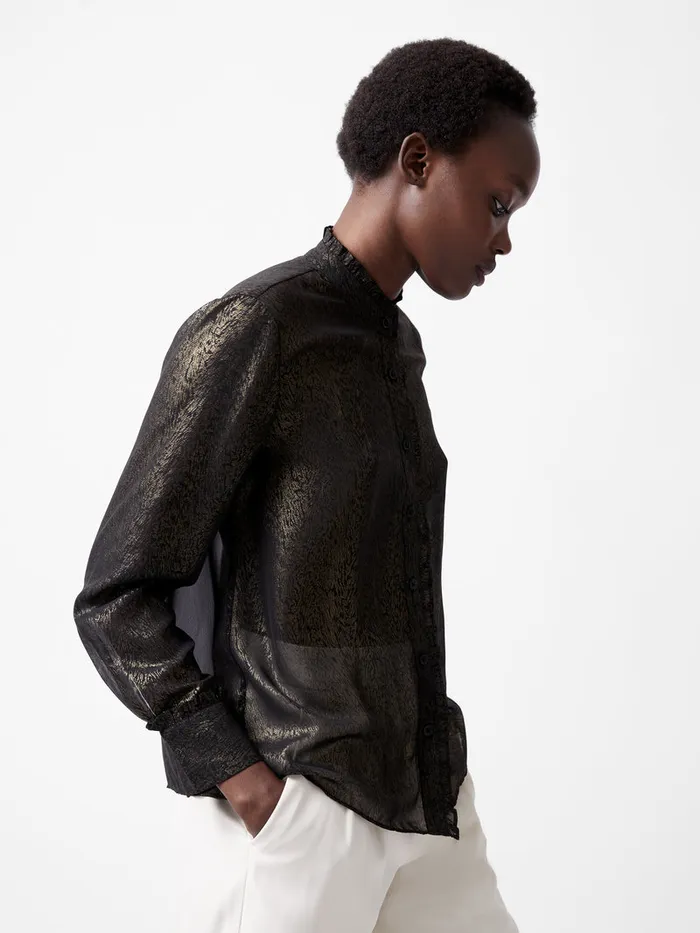 Woman Tops French Connection Alina Foil Georgette Frill Long Sleeve Top Blackbronze Woman Tops French Connection Alina Foil Georgette Frill Long Sleeve Top Blackbronze
