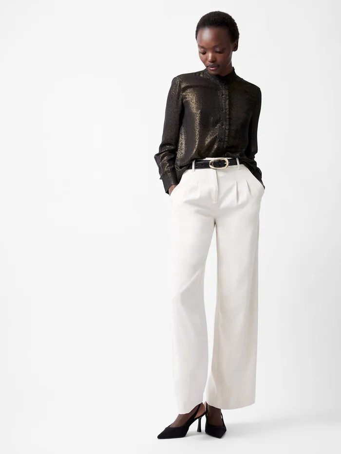 Woman Tops French Connection Alina Foil Georgette Frill Long Sleeve Top Blackbronze Woman Tops French Connection Alina Foil Georgette Frill Long Sleeve Top Blackbronze