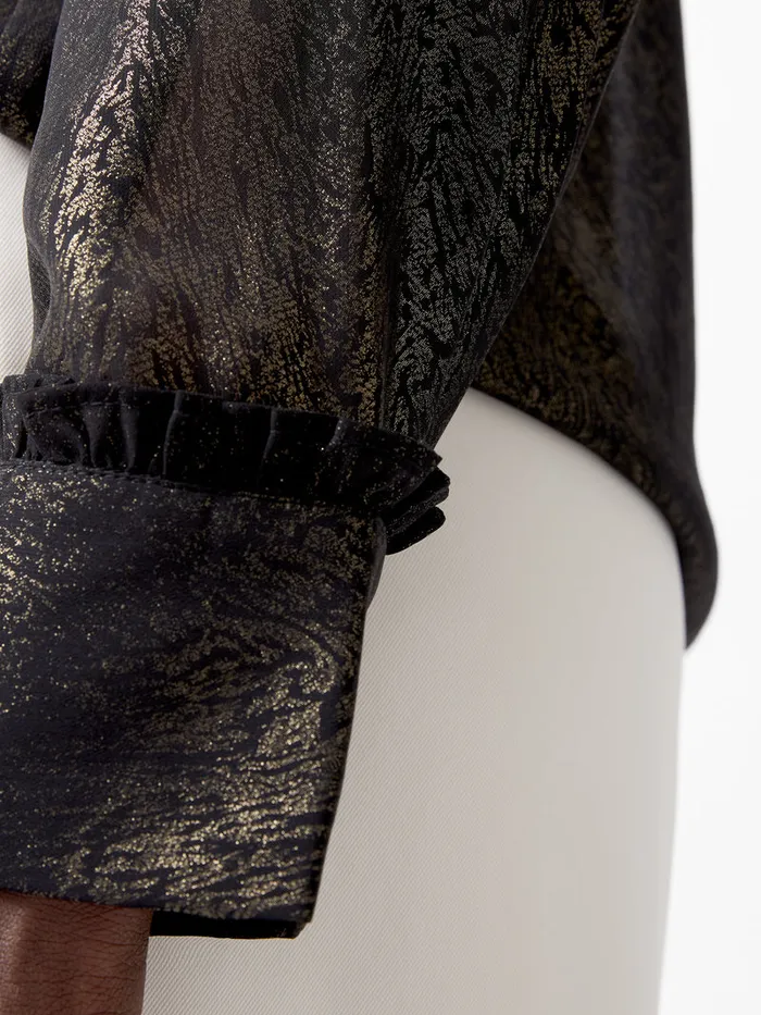 Woman Tops French Connection Alina Foil Georgette Frill Long Sleeve Top Blackbronze Woman Tops French Connection Alina Foil Georgette Frill Long Sleeve Top Blackbronze