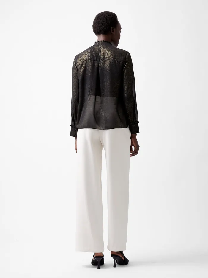 Woman Tops French Connection Alina Foil Georgette Frill Long Sleeve Top Blackbronze Woman Tops French Connection Alina Foil Georgette Frill Long Sleeve Top Blackbronze