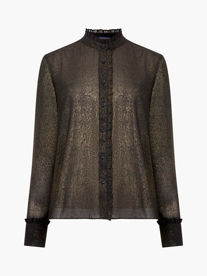 Woman Tops French Connection Alina Foil Georgette Frill Long Sleeve Top Blackbronze Woman Tops French Connection Alina Foil Georgette Frill Long Sleeve Top Blackbronze