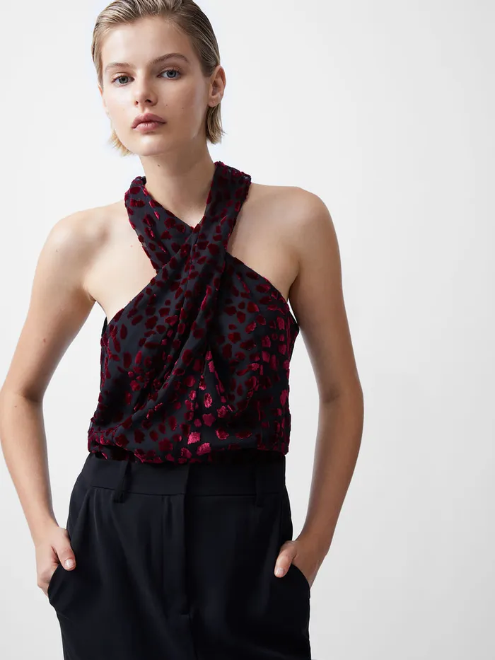 Woman Tops French Connection Cadie Devore Halterneck Top Blackout Baked Cherr Woman Tops French Connection Cadie Devore Halterneck Top Blackout Baked Cherr