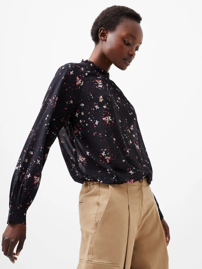 Woman Tops French Connection Carina Georgette Frill High Neck Top Blackout Multi Woman Tops French Connection Carina Georgette Frill High Neck Top Blackout Multi