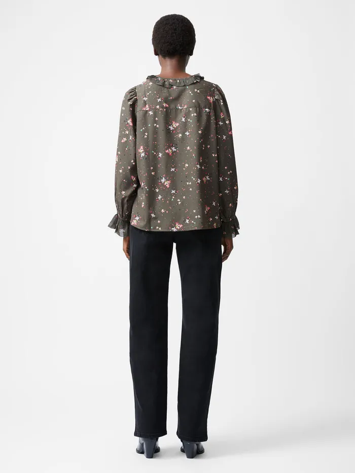 Woman Tops French Connection Carina Recycled Abeny Crepe Ruffle Top Olive Night Multi