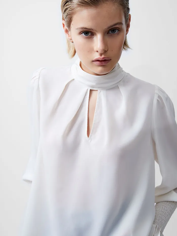 Woman Tops French Connection Crepe Light High Neck Long Sleeve Top Porcelain Cream Woman Tops French Connection Crepe Light High Neck Long Sleeve Top Porcelain Cream