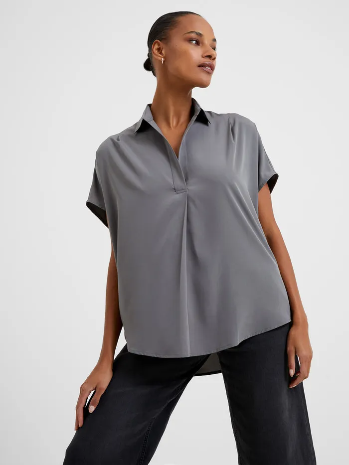 Woman Tops French Connection Crepe Light Recycled Popover Shirt Warm Graphite