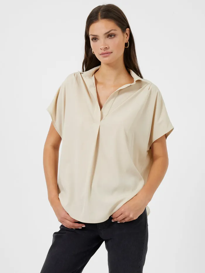 Woman Tops French Connection Crepe Light Recycled Popover Shirt Wild Wheat