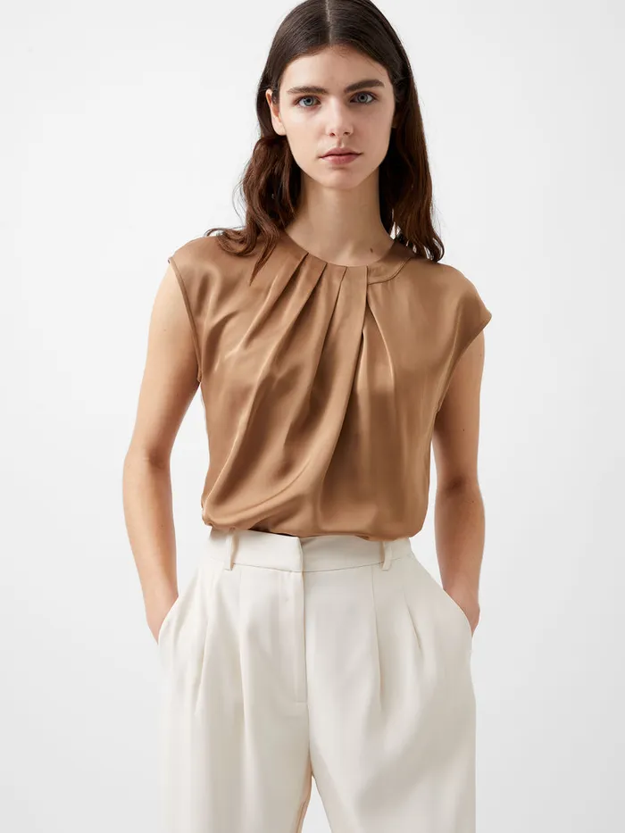 Woman Tops French Connection Ennis Eco Satin Neck Detail Top Camel