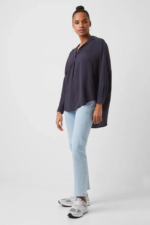 Woman Tops French Connection Rhodes Recycled Crepe Popover Shirt Utility Blue Woman Tops French Connection Rhodes Recycled Crepe Popover Shirt Utility Blue