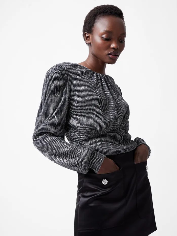 Woman Tops French Connection Tamy Lurex Plisse Long Sleeve Top Silver