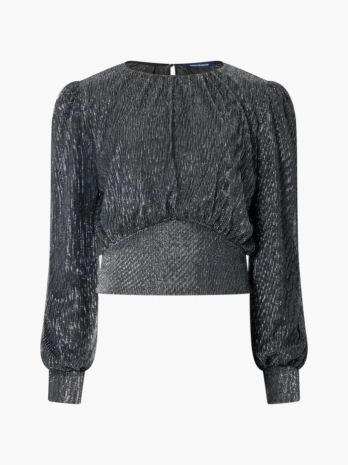 Woman Tops French Connection Tamy Lurex Plisse Long Sleeve Top Silver