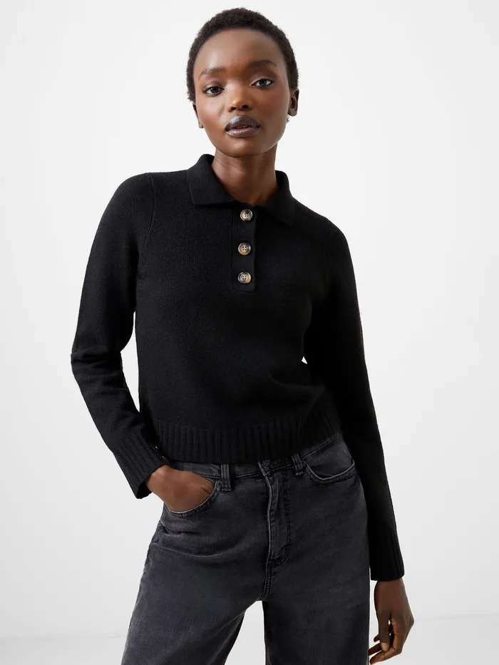 Woman Women039s Winter Outfits French Connection Vhari Recycled Long Sleeve Button Up Jumper Black Woman Women039s Winter Outfits French Connection Vhari Recycled Long Sleeve Button Up Jumper Black