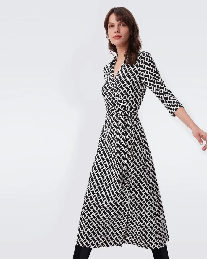 Women Abigail Silk Jersey Midi Wrap Dress Chain Link Medium Black DVF Dresses