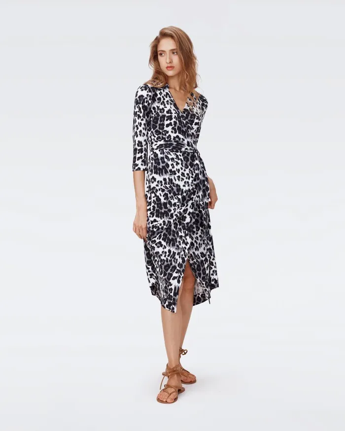 Women Abigail Silk Jersey Midi Wrap Dress Heritage Snow Cheetah DVF Dresses