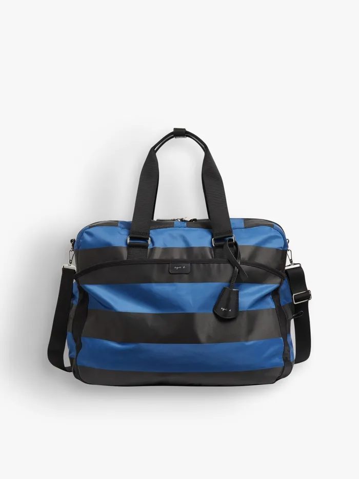 Women Agns B Large Bags and Totes Blue Striped Boston Travel Bag