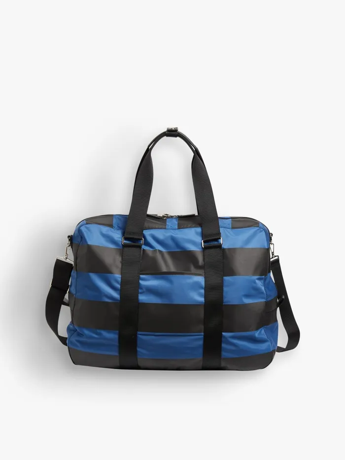 Women Agns B Large Bags and Totes Blue Striped Boston Travel Bag