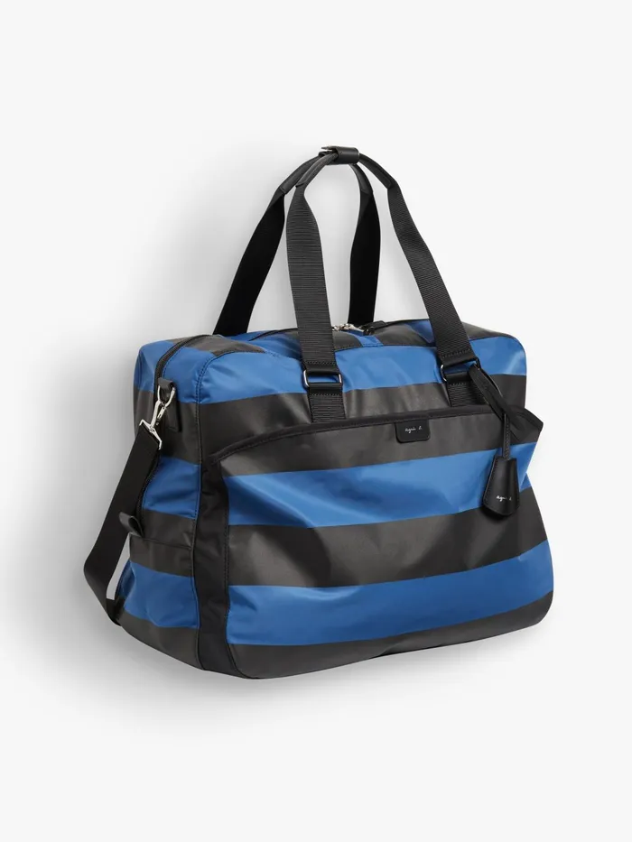 Women Agns B Large Bags and Totes Blue Striped Boston Travel Bag