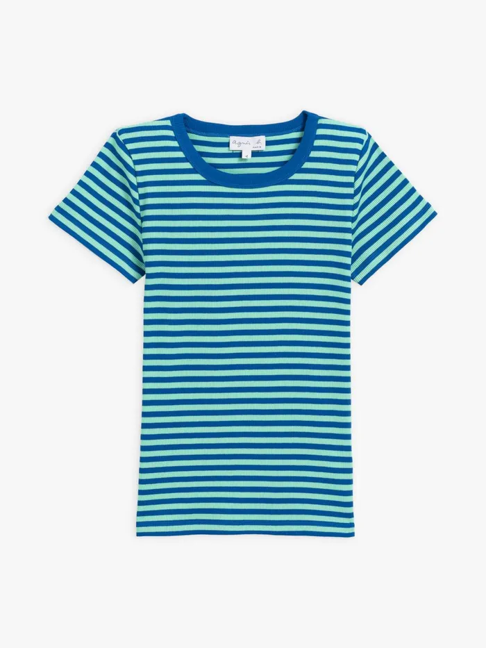 Women Agns B Tshirts and Tank Tops Blue And Green Ribbed Striped Boogie Tshirt Women Agns B Tshirts and Tank Tops Blue And Green Ribbed Striped Boogie Tshirt