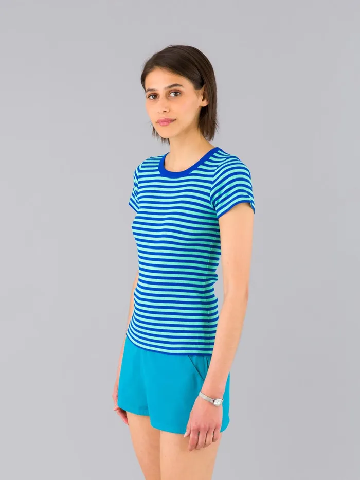 Women Agns B Tshirts and Tank Tops Blue And Green Ribbed Striped Boogie Tshirt