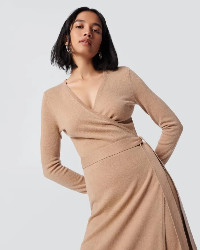 Women Astrid WoolCashmere Wrap Dress Camel DVF Dresses
