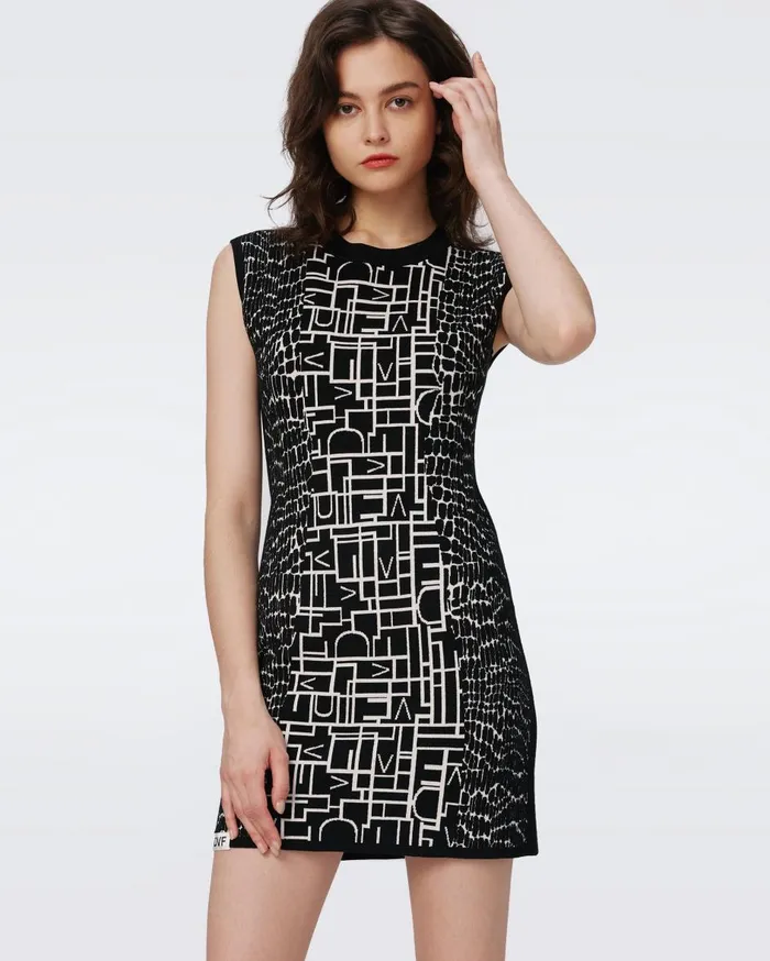 Women Aviva Knit Jacquard Reversible Dress Dvf Logo And Leopard Black And Ivory DVF Dresses Women Aviva Knit Jacquard Reversible Dress Dvf Logo And Leopard Black And Ivory DVF Dresses