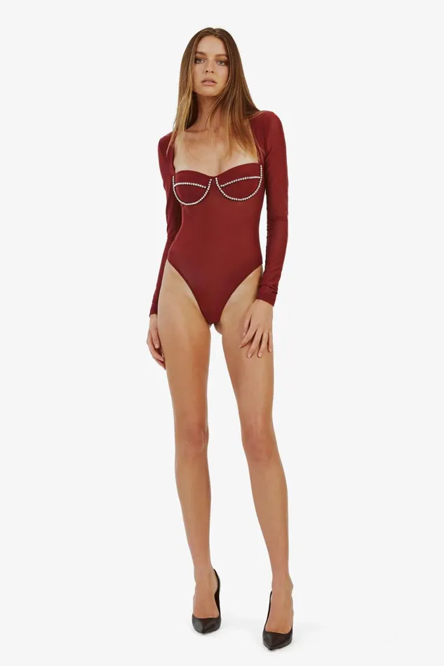 Women Bardot Bodysuits Carter Diamante Bodysuit In Burgundy Burgundy Women Bardot Bodysuits Carter Diamante Bodysuit In Burgundy Burgundy