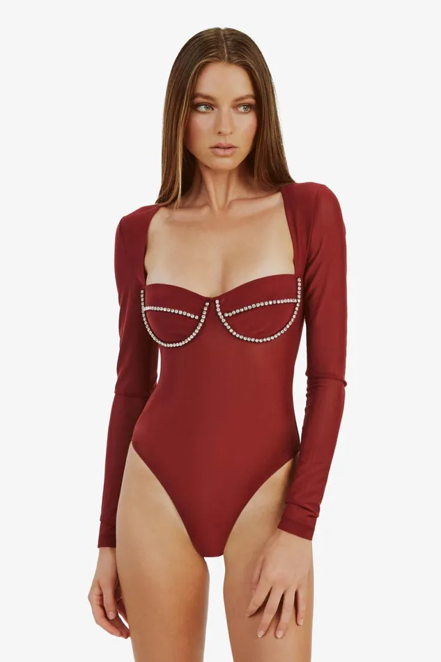 Women Bardot Bodysuits Carter Diamante Bodysuit In Burgundy Burgundy Women Bardot Bodysuits Carter Diamante Bodysuit In Burgundy Burgundy