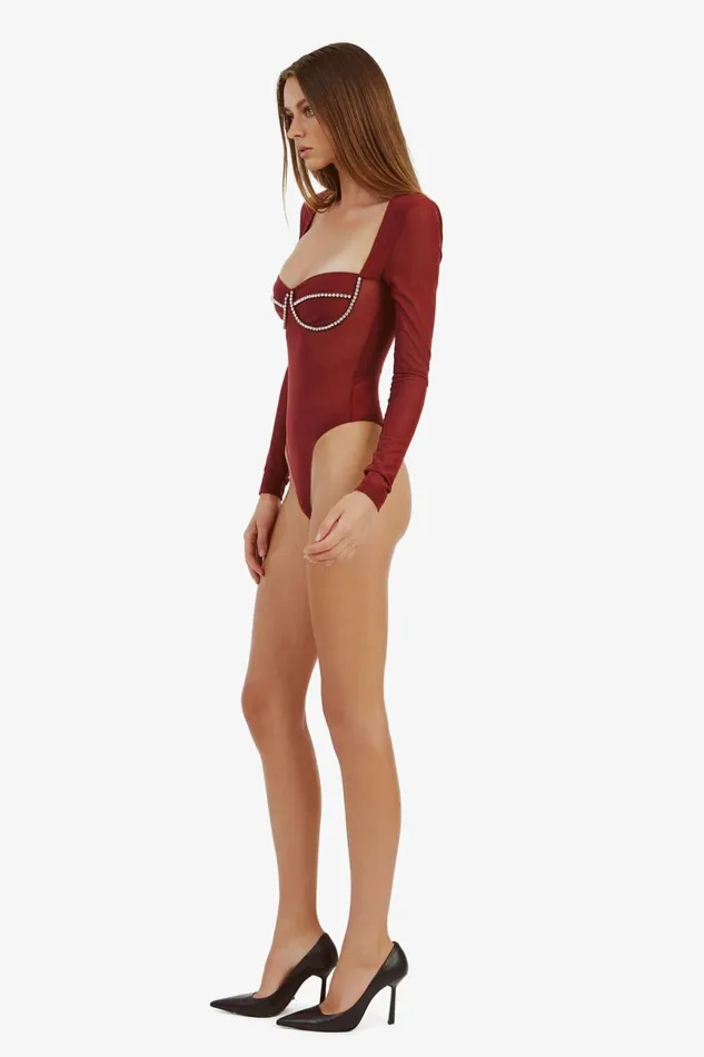 Women Bardot Bodysuits Carter Diamante Bodysuit In Burgundy Burgundy Women Bardot Bodysuits Carter Diamante Bodysuit In Burgundy Burgundy