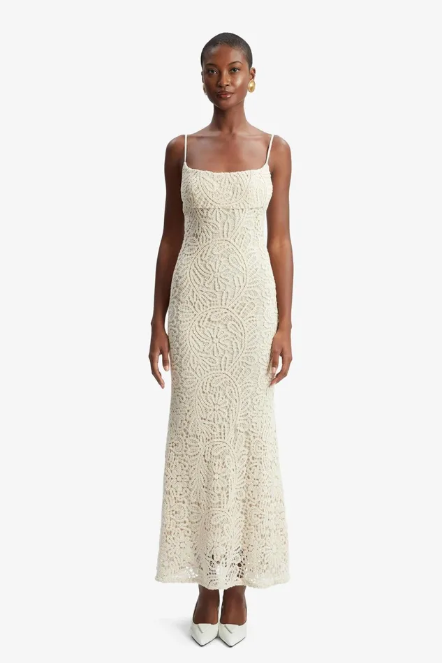Women Bardot Day To Night Dresses Adoni Crochet Midi Dress In Lght Beige Lght Beige