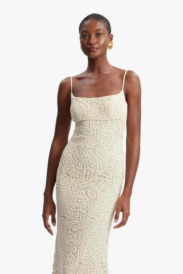 Women Bardot Day To Night Dresses Adoni Crochet Midi Dress In Lght Beige Lght Beige
