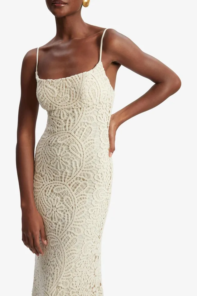 Women Bardot Day To Night Dresses Adoni Crochet Midi Dress In Lght Beige Lght Beige