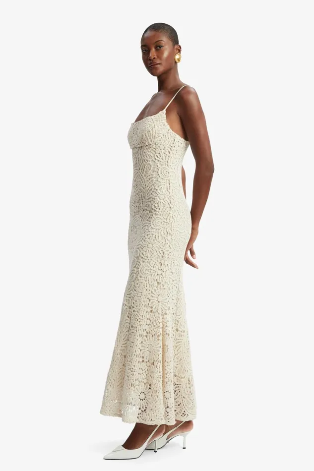 Women Bardot Day To Night Dresses Adoni Crochet Midi Dress In Lght Beige Lght Beige