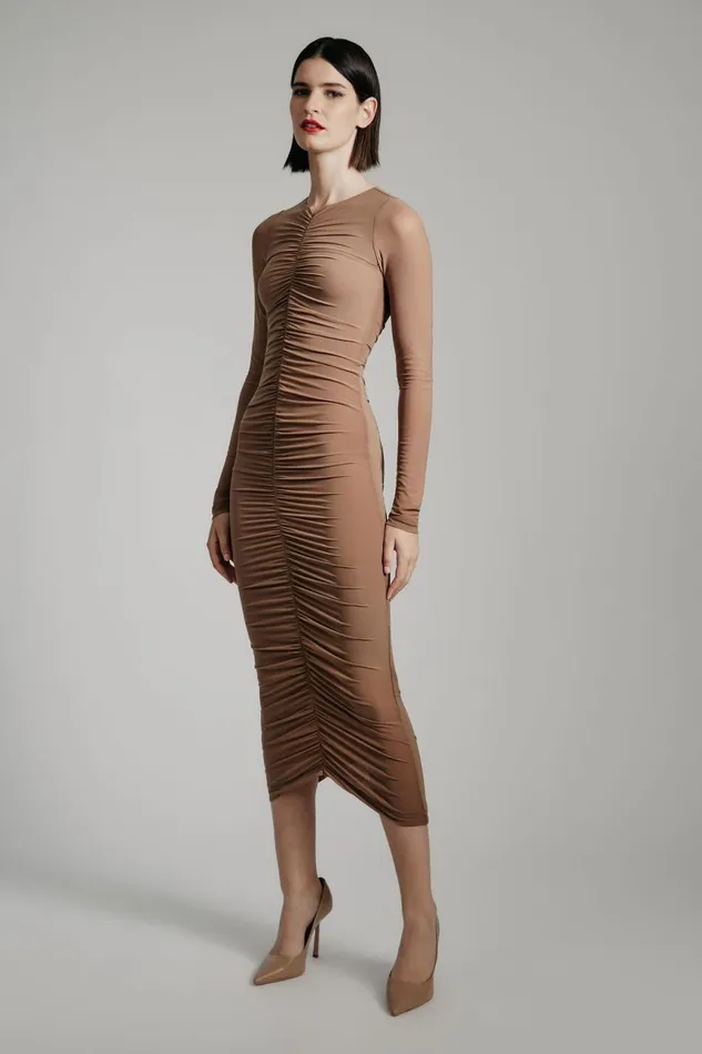 Women Bardot Day To Night Dresses Jaya Mesh Maxi Dress In Tan Tan