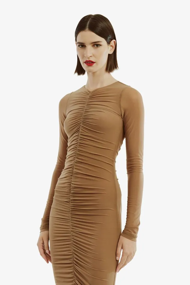 Women Bardot Day To Night Dresses Jaya Mesh Maxi Dress In Tan Tan