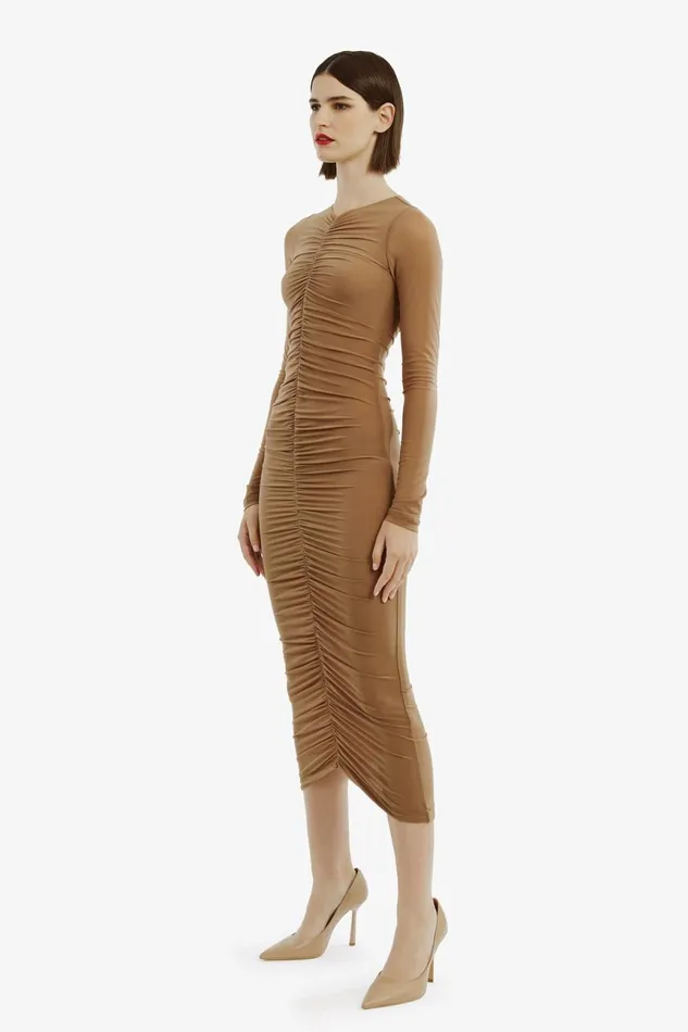 Women Bardot Day To Night Dresses Jaya Mesh Maxi Dress In Tan Tan