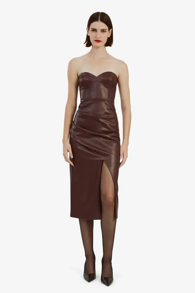 Women Bardot Day To Night Dresses Kai Vegan Leather Midi Dress In Deep Plum Deep Plum