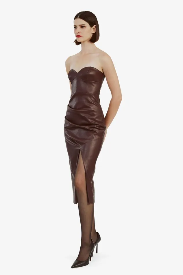 Women Bardot Day To Night Dresses Kai Vegan Leather Midi Dress In Deep Plum Deep Plum
