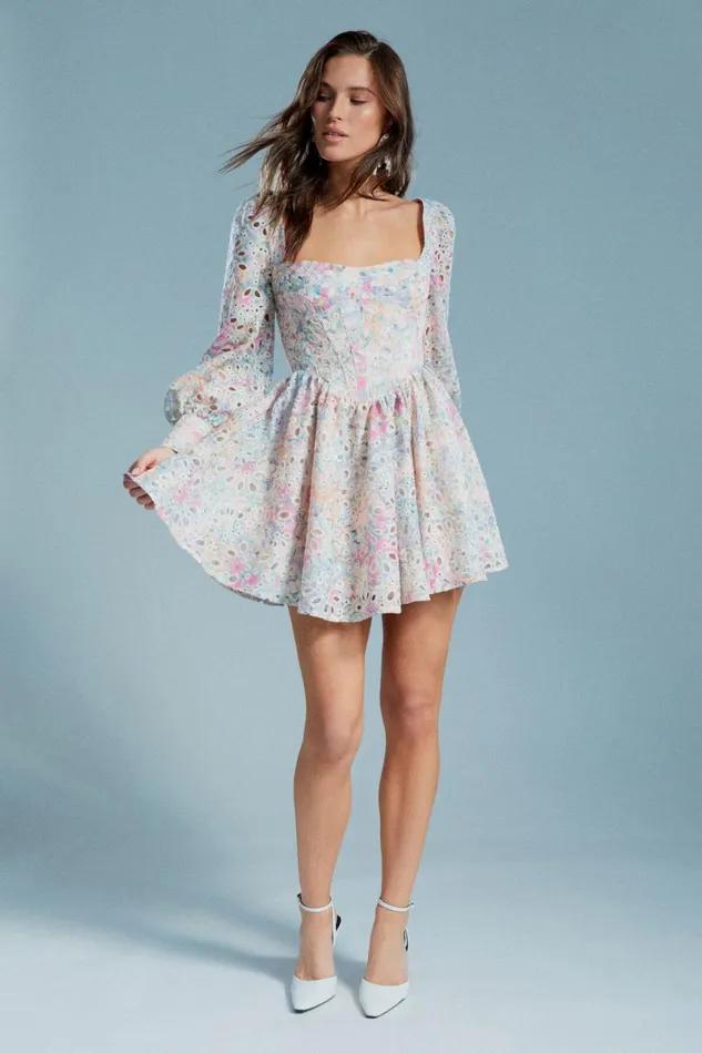 Women Bardot Day To Night Dresses Lila Flounce Broderie Dress In Pastel Floral Pastel Floral Women Bardot Day To Night Dresses Lila Flounce Broderie Dress In Pastel Floral Pastel Floral
