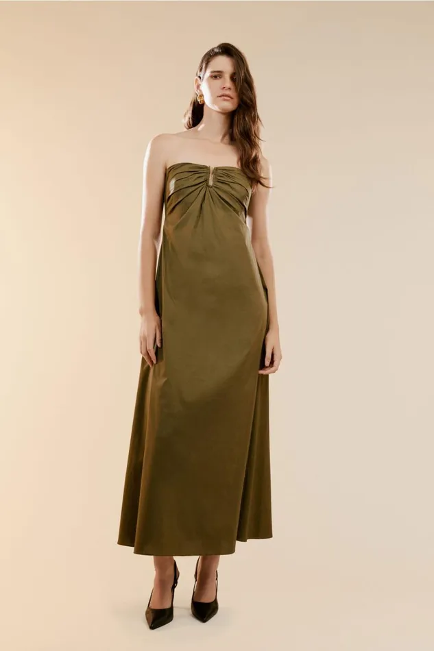 Women Bardot Day To Night Dresses Lora Poplin Maxi Dress In Khaki Khaki