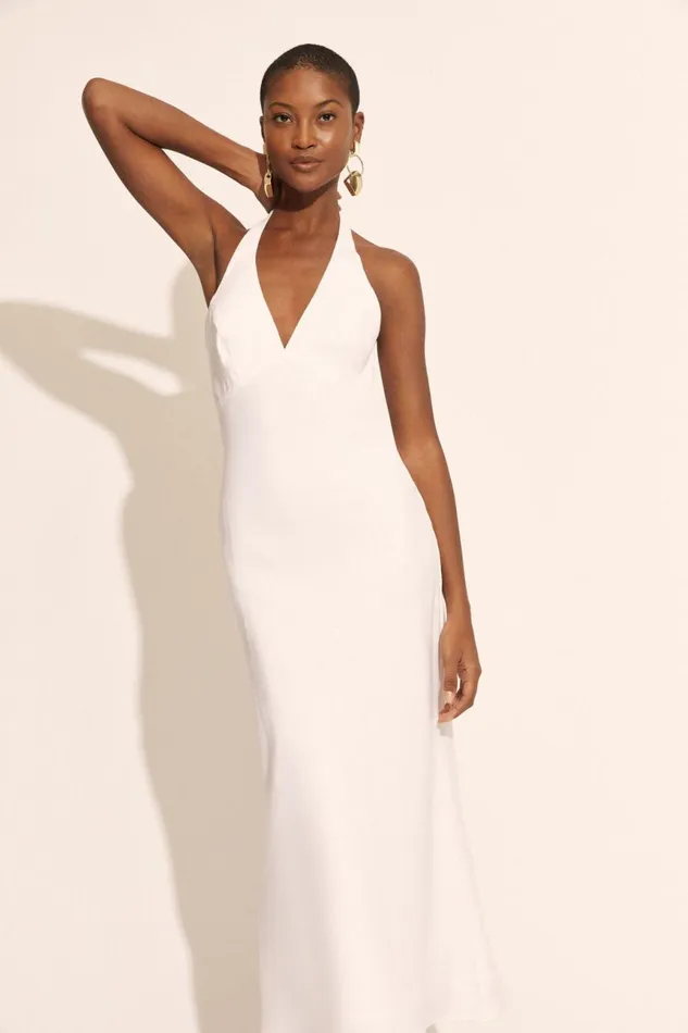 Women Bardot Day To Night Dresses Paola Halter Linen Midi Dress In Orchid White Orchid White Women Bardot Day To Night Dresses Paola Halter Linen Midi Dress In Orchid White Orchid White