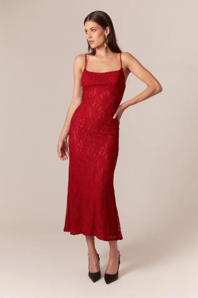 Women Bardot Day To Night Dresses Ruby Lace Midi Dress In Red Red