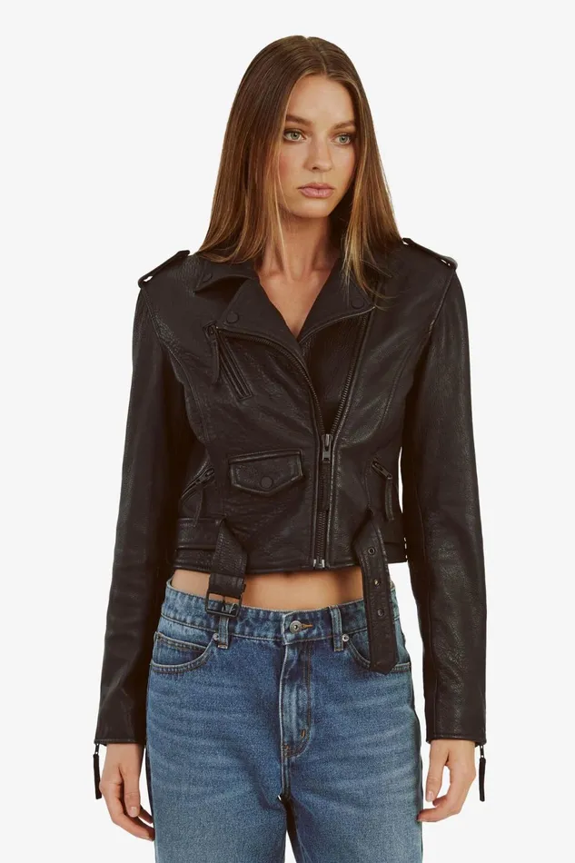 Women Bardot Jackets Fitted Leather Biker Jacket In Black Black Women Bardot Jackets Fitted Leather Biker Jacket In Black Black