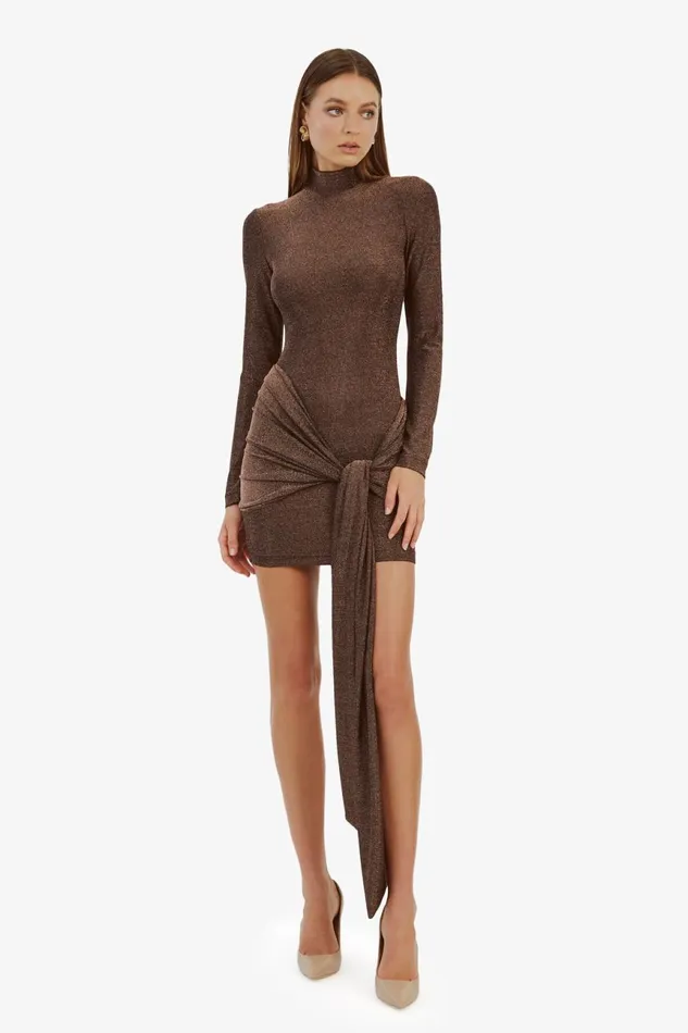 Women Bardot Occasion Dresses Seraphina Tie Front Dress In Bronze Bronze Women Bardot Occasion Dresses Seraphina Tie Front Dress In Bronze Bronze